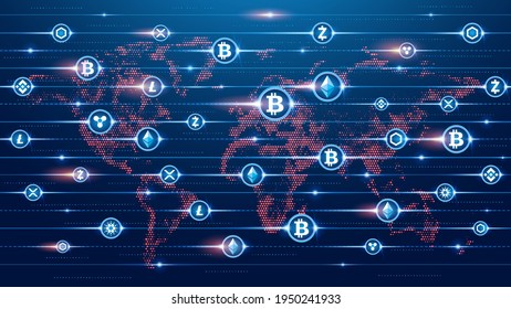 Vector image. Bitcoin, blockchain and cryptocurrencies. Mining and digital settlement technologies. Glowing symbols of modern digital currencies. Planet Earth. Contours of the continents. 