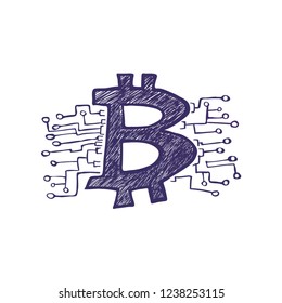Vector image of Bitcoin emblem hand drawn in pen style. Cryptocurrency symbol isolated on white background