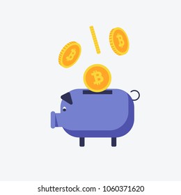 Vector image of bitcoins falling into the piggy bank. Flat style vector illustration