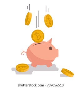 Vector image of bitcoins falling into the piggy bank
