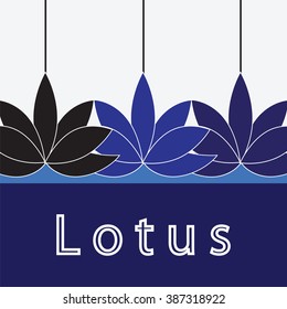 Vector image with black and blue graphic lotus on light background with text