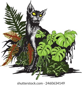 Vector image of a black cat among dense leaves