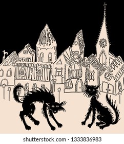 Vector image of black cats in the night city