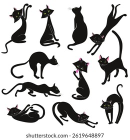 Vector image of black cats in various poses on a white background. Set for print, composition.
