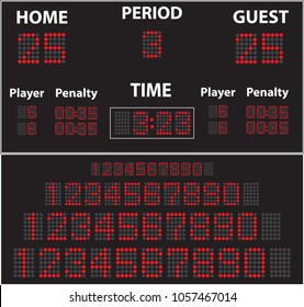 Vector image of a black digital electronic scoreboard for ice hockey with sets of numbers of different sizes.
