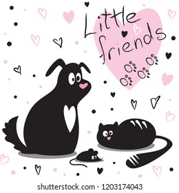 vector image of a black dog, black cat and mouse with pink hearts