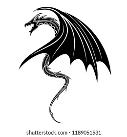 Vector image of a black dragon. Medieval winged monster. Symbol of wisdom and force. Spirit of Celts. Black tribal tattoo. Vector illustration.