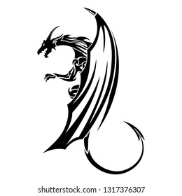 Vector image of a black dragon. Medieval winged monster. Symbol of wisdom and force. Knights hunter. Wise dragon. Spirit of Celts. Sacred animal of Vikings. Black tribal tattoo. Vector illustration.