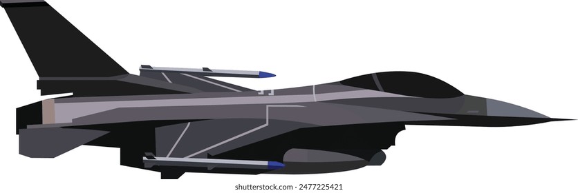 vector image. black F-16 jet fighter plane seen from the right side