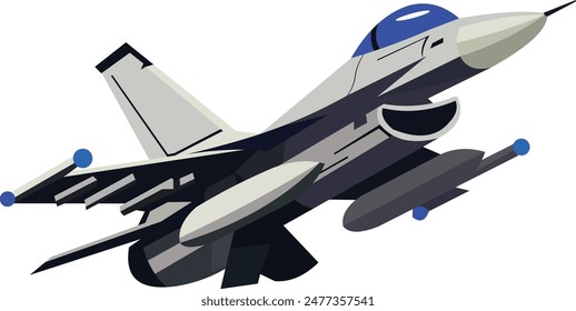 vector image. black and gray F-16 jet fighter plane in the air seen from below