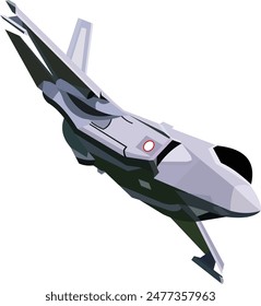 vector image. a black and gray F-35 jet fighter plane is in the air and maneuvering to dive down