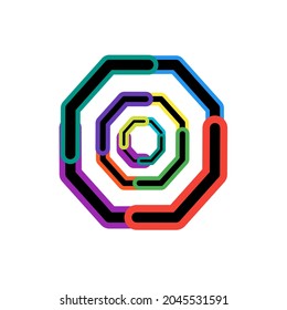 Vector image of black hexagon shaped line with colorful variations.