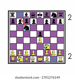 Vector image of black horse and white horse chess opening second move