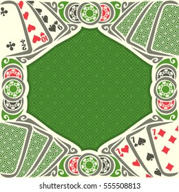 Vector Image Black Jack For Text On Texture Background, Combination Playing Cards Suits: 7, 9, 10, 2 For Gamble Game Black Jack On Green Felt Table, Blackjack Or Poker Tournament, Chips And Back Card