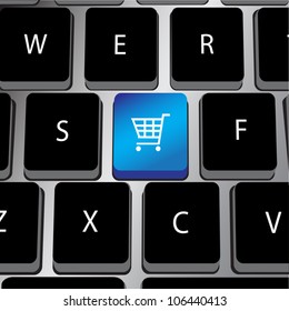 Vector image of black keyboard with a dedicated shopping cart key for online shopping.Shopping cart key color modifiable. Simple gradients.