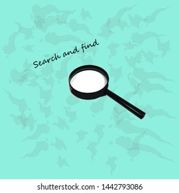 The vector image of the black magnifier is a symbol of the search, placed on a blue background with patterns and editable text.