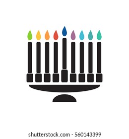Vector image of black menorah with colorful flame.