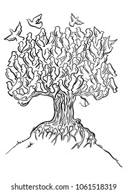 vector image of a black outline. birds tree