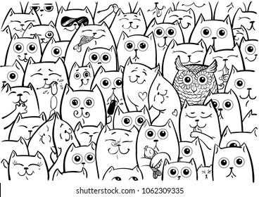 imagen vectorial de un contorno negro. gatos y búho
