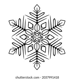 Vector image. Black pattern of snowflakes on a white background. Round symmetrical crystal fluff. Snowflake symbol for printing jewelry, fabric, postcards. New Year theme.