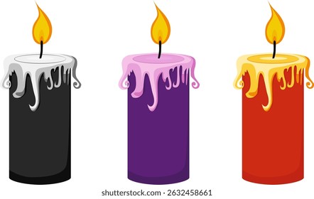 Vector image of black, purple and red candles. Halloween candles. Isolated on transparent background.