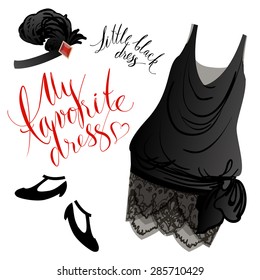 Vector image of black retro dress, shoes and headgear