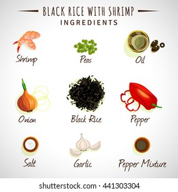 Vector image. Black rice with shrimp. Ingredients