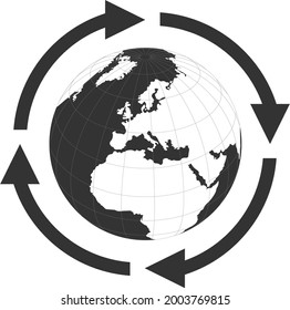 Vector image of a black round ball with 4 sync arrows around the icon. Flat design of a vector icon for applications, logo, interface elements isolated on a white background.