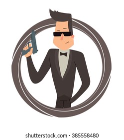 Vector image of a black round frame with cartoon image of a secret agent with black hair in a black tuxedo with a handgun in his hand in the center on a white background. Spy. Vector illustration.