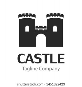 Vector image with black Silhouette of Medieval Castle isolated on white background. Wonderful illustration for Real Estate company logo. Style, rigour and reliability.