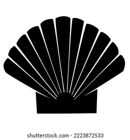 Vector image of the black silhouette of the sea shell scallop isolated on the white background.