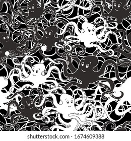 Vector image of a lot of black and white cartoon octopuses. Seamless background for wallpaper, textile and wrapping paper.
