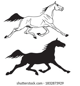 vector image, black and white drawing of two running trotters isolated on a white background