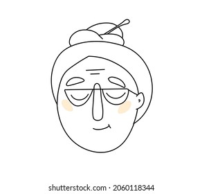 Vector image. Black and white drawing of the face of an elderly man (grandmother in glasses with a beam on her head). Pink cheeks, minimalism. The character of the old grandmother.