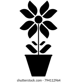 Vector image of black and white flower icons in a pot on a white background. Isolated vector on a white background.