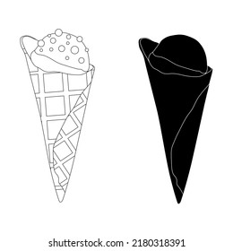 Vector image of a black and white ice cream on a white background. Silhouette and line drawing. Coloring.