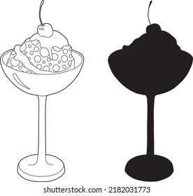 Vector image of black and white ice cream in a dessert cup decorated with berries. Silhouette and line drawing. Coloring.