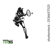 Vector image of a black and white illustration of a female tennis player