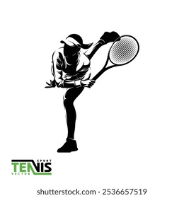 Vector image of a black and white illustration of a female tennis player