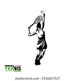 Vector image of a black and white illustration of a female tennis player