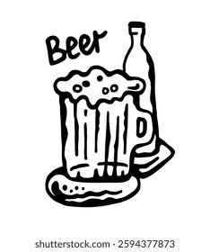 Vector image of a black and white illustration of a beer in a barrel and with a bottle on a white isolated background