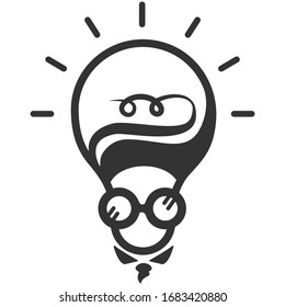 Vector image of a black and white light bulb, with stylish haircut, glasses, tie, and rays, logo isolated on white background