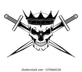 Vector image of a black and white skull in a crown with a sword. Image on white background.