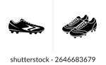 Vector image of black and white soccer cleats one single cleat with a zig-zag design and a pair of lace-up cleats, all isolated on a white background.