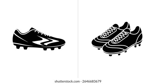 Imagem vetorial de chuteiras de futebol preto e branco com um único chute com um design em ziguezague e um par de chuteiras de renda, todas isoladas em um fundo branco.
