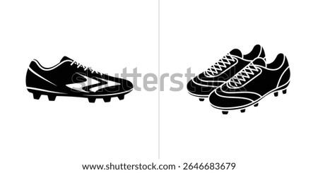 Vector image of black and white soccer cleats one single cleat with a zig-zag design and a pair of lace-up cleats, all isolated on a white background.