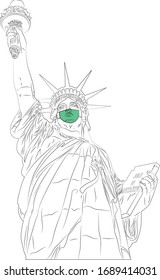 Vector image black and white of the statue of liberty in New York wearing a green mask because the pandemic infection worldwide of corona virus is killing many people. Is an emergency for all country