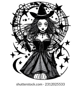 vector image black and white witch illustration