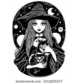 vector image black and white witch illustration