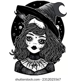 vector image black and white witch illustration